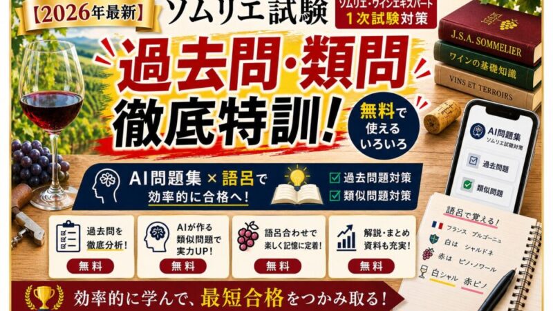 【2026年最新】ソムリエ試験 無料合格リソース10選｜AI問題集×語呂で独学突破 