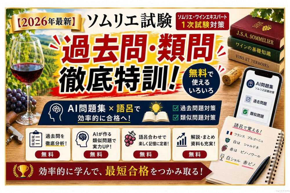 【2026年最新】ソムリエ試験 無料合格リソース10選｜AI問題集×語呂で独学突破